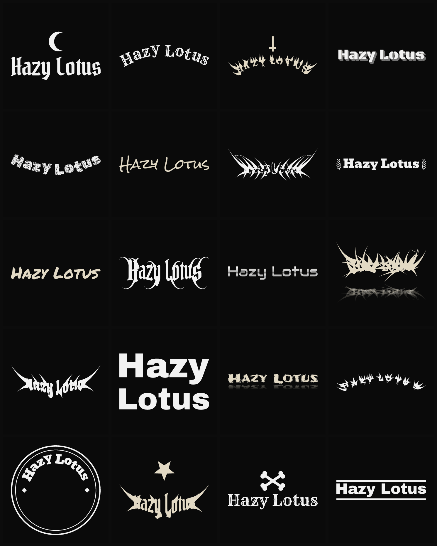 Twenty Hazy Lotus band logo ideas — different faces, treatments and spike settings