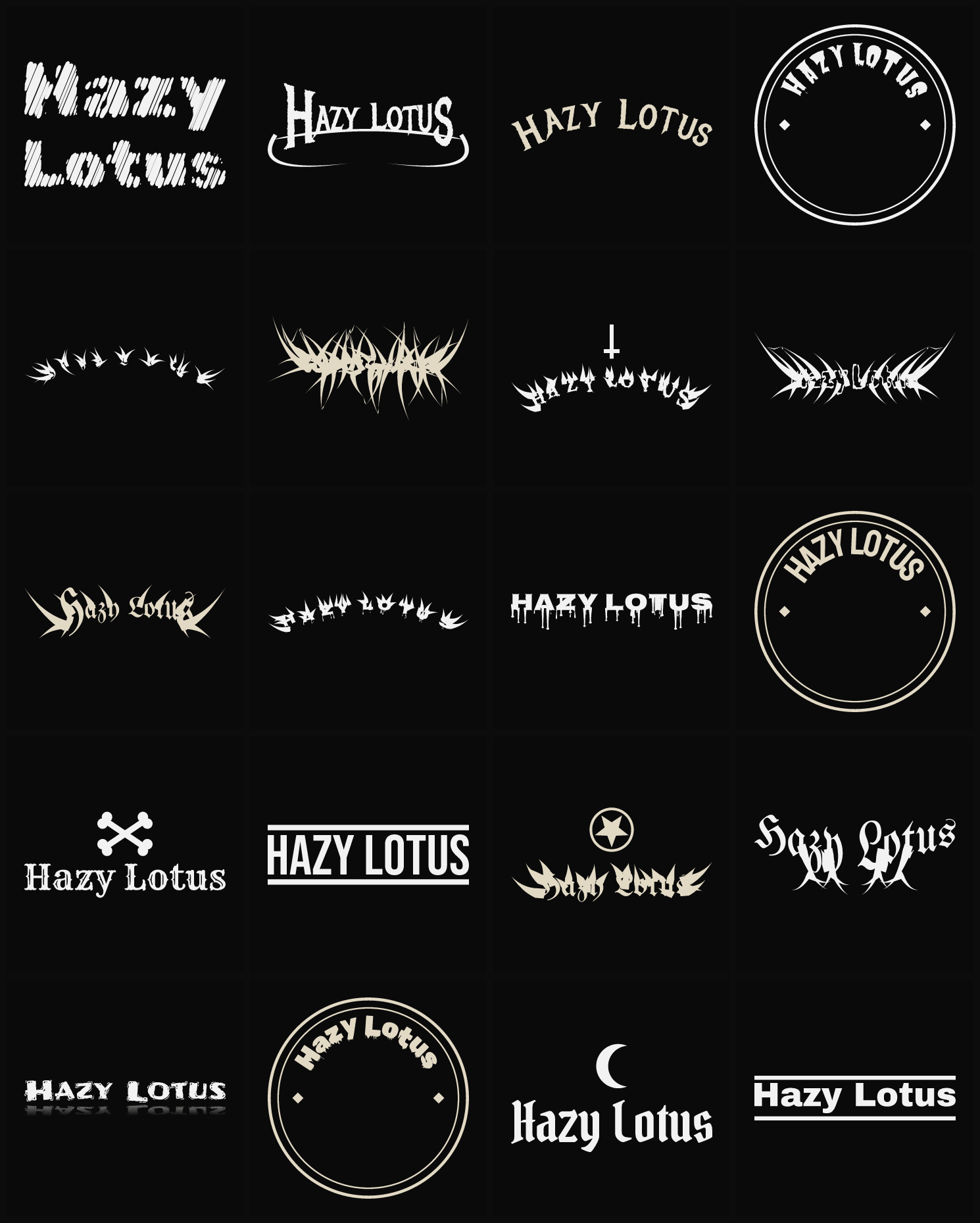 Twenty Hazy Lotus band logo ideas — different faces, treatments and spike settings