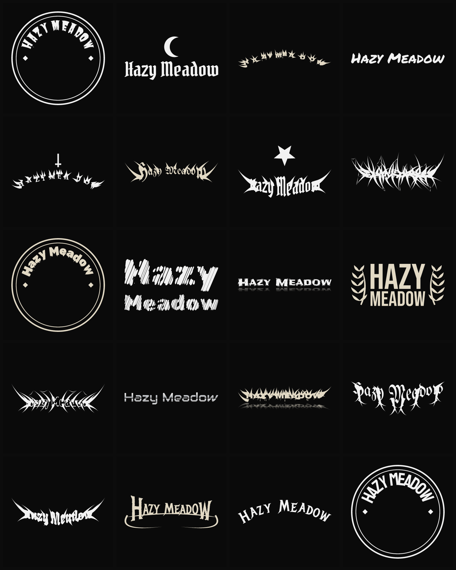 Twenty Hazy Meadow band logo ideas — different faces, treatments and spike settings