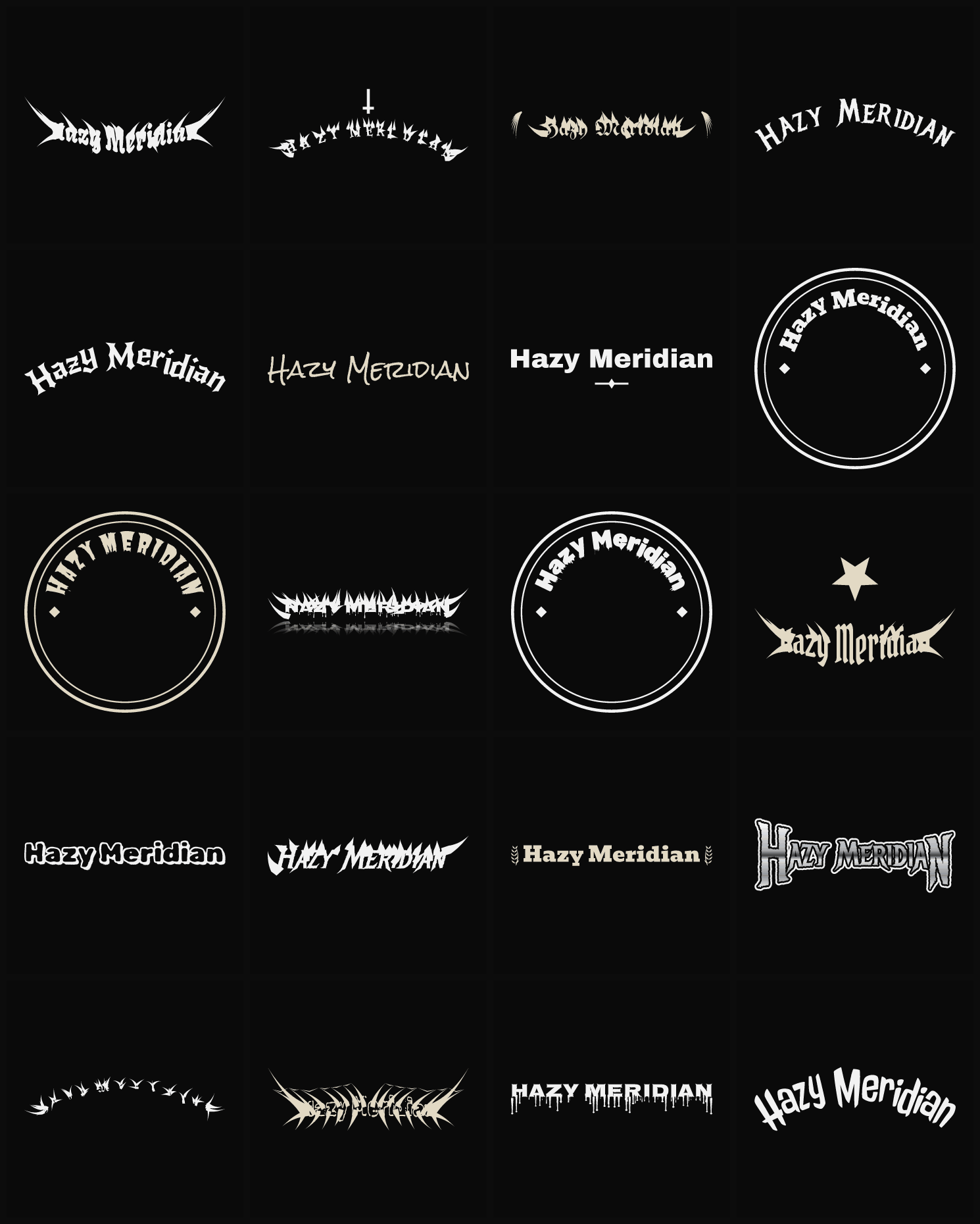 Twenty Hazy Meridian band logo ideas — different faces, treatments and spike settings