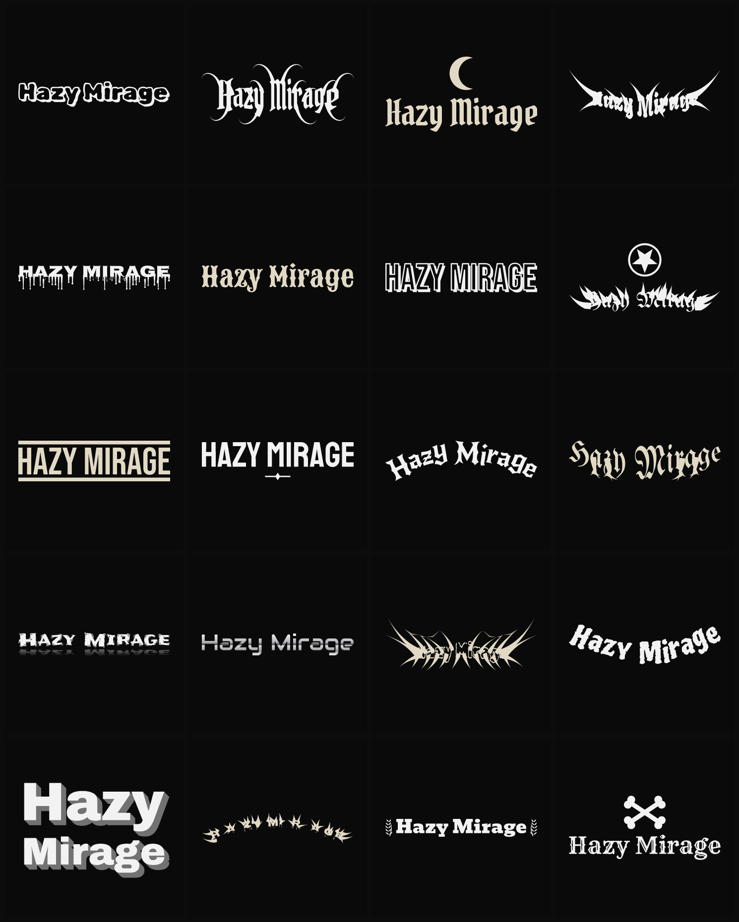 Twenty Hazy Mirage band logo ideas — different faces, treatments and spike settings
