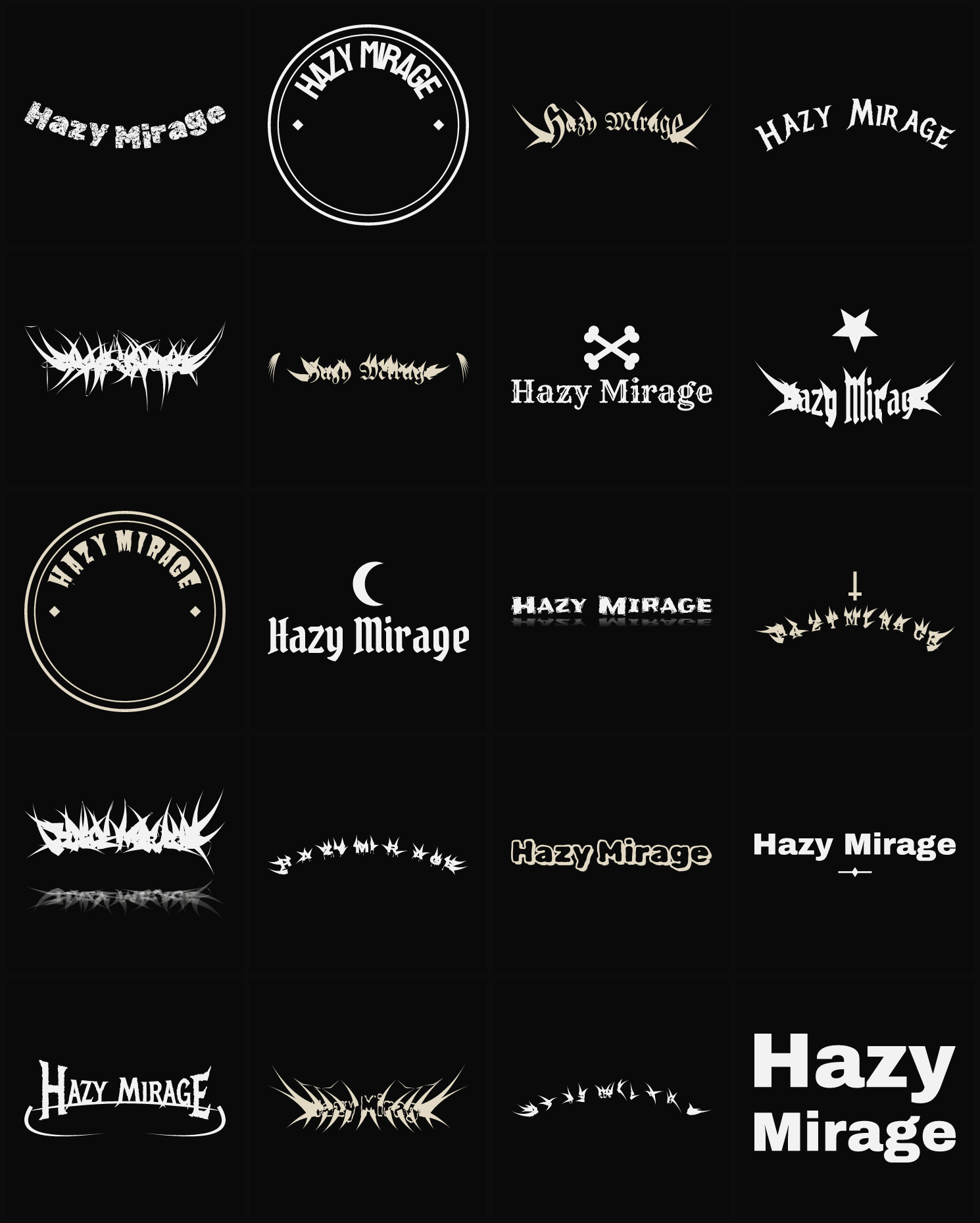 Twenty Hazy Mirage band logo ideas — different faces, treatments and spike settings