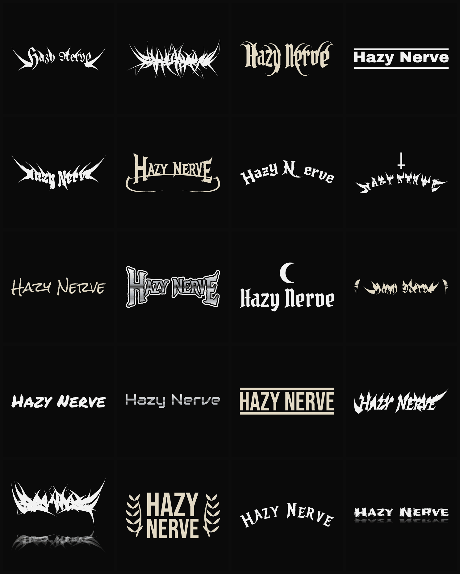 Twenty Hazy Nerve band logo ideas — different faces, treatments and spike settings