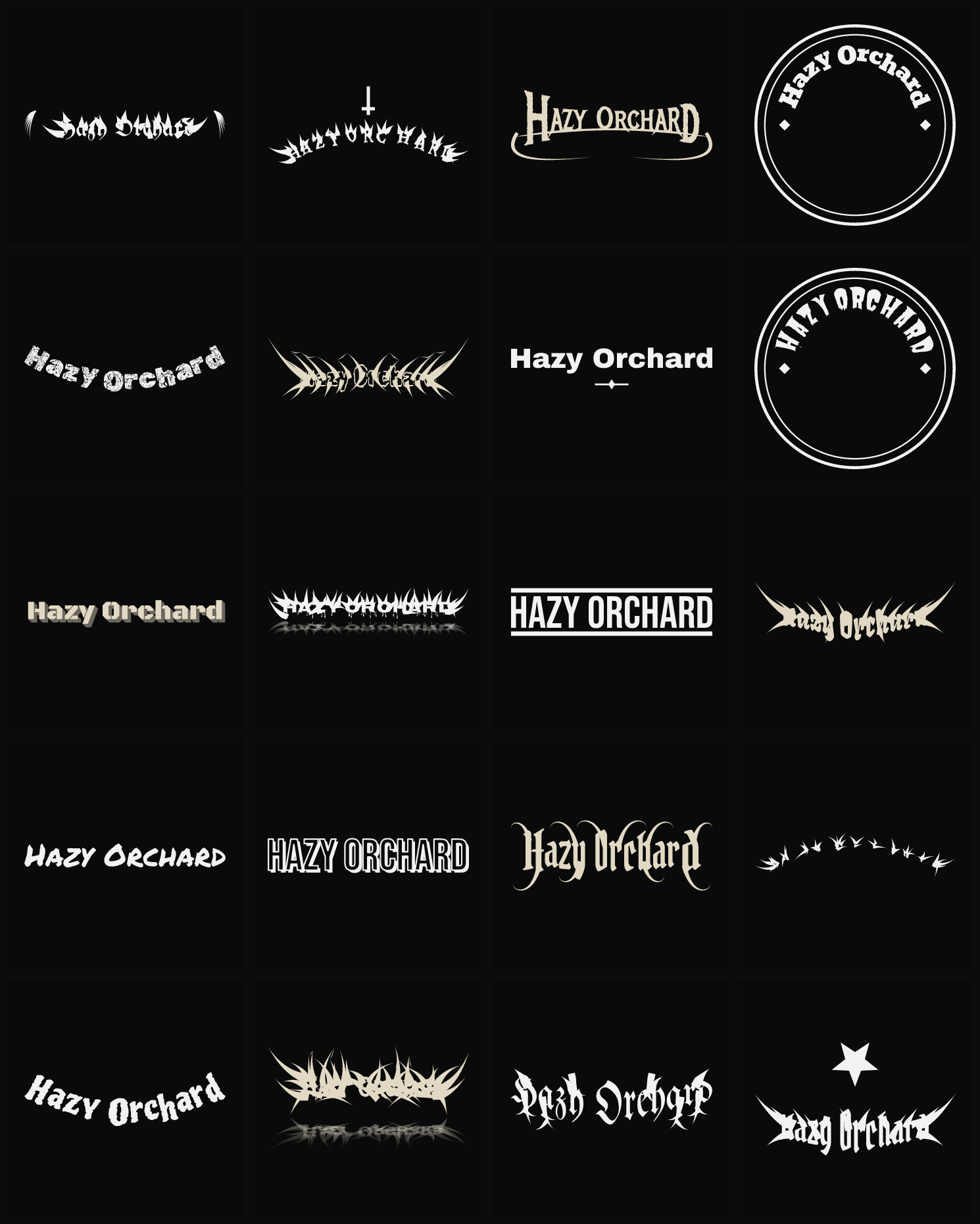 Twenty Hazy Orchard band logo ideas — different faces, treatments and spike settings