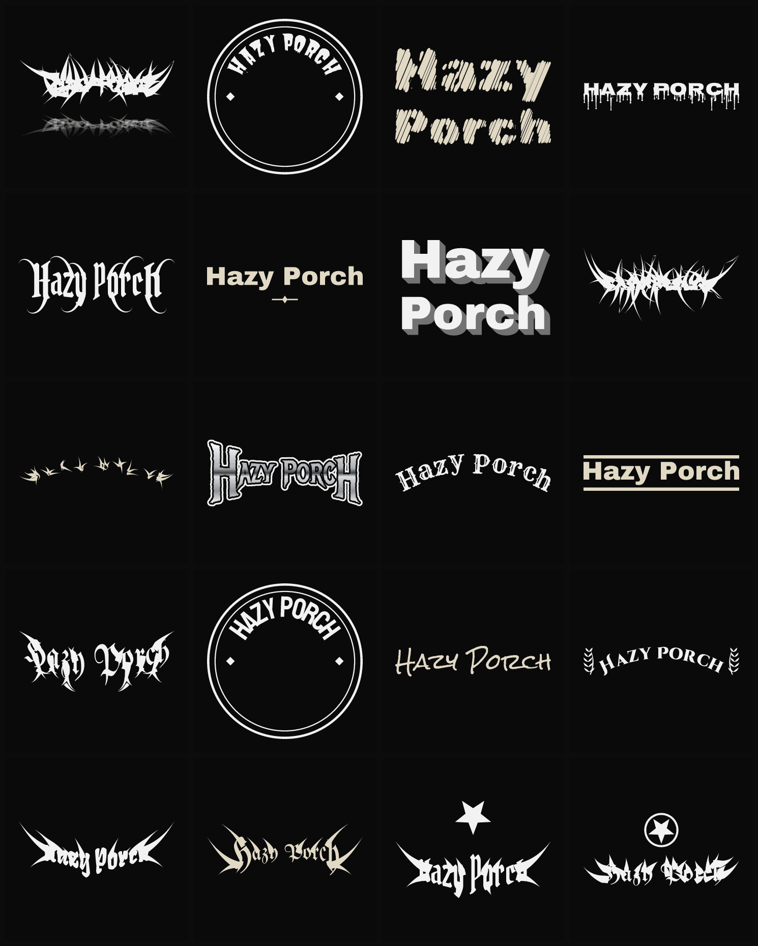 Twenty Hazy Porch band logo ideas — different faces, treatments and spike settings