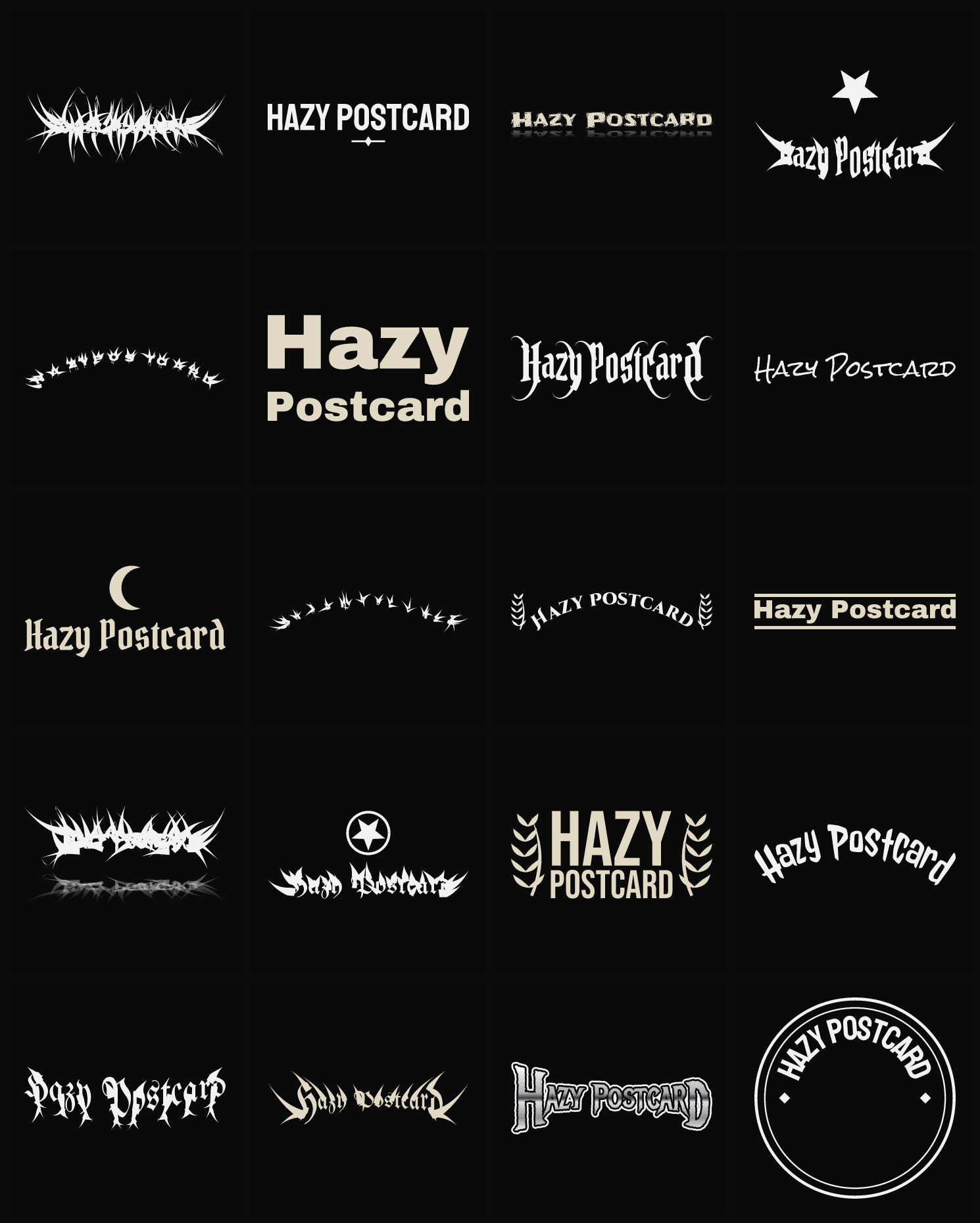 Twenty Hazy Postcard band logo ideas — different faces, treatments and spike settings