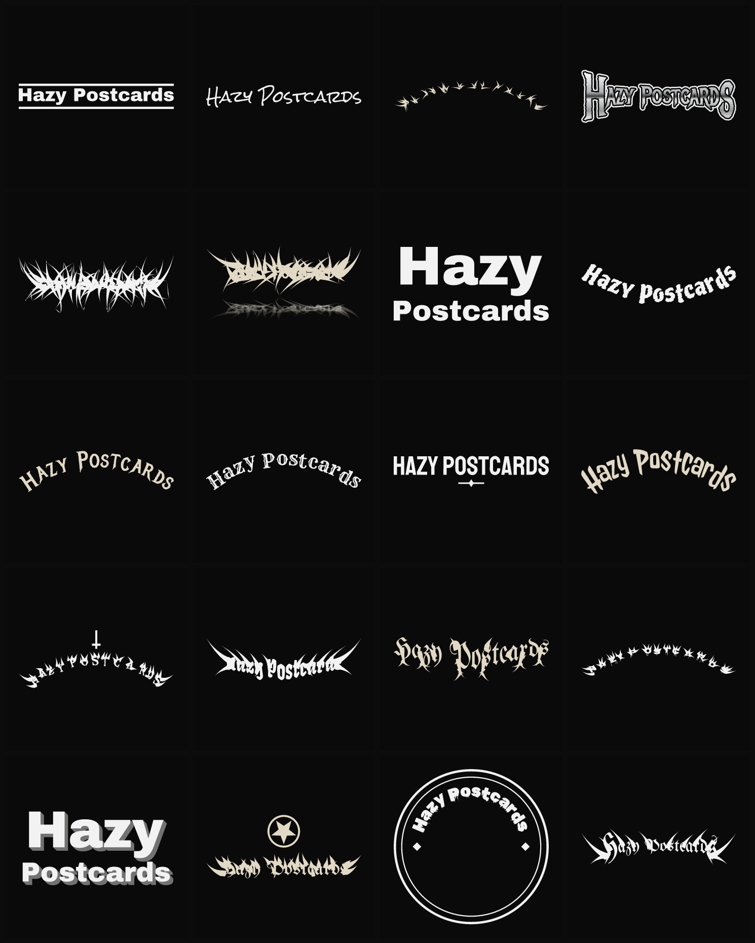 Twenty Hazy Postcards band logo ideas — different faces, treatments and spike settings