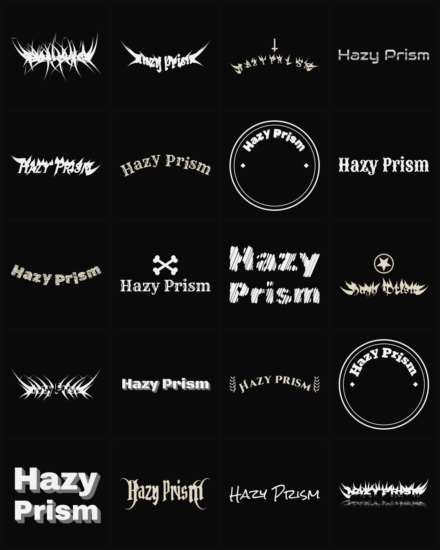 Twenty Hazy Prism band logo ideas — different faces, treatments and spike settings
