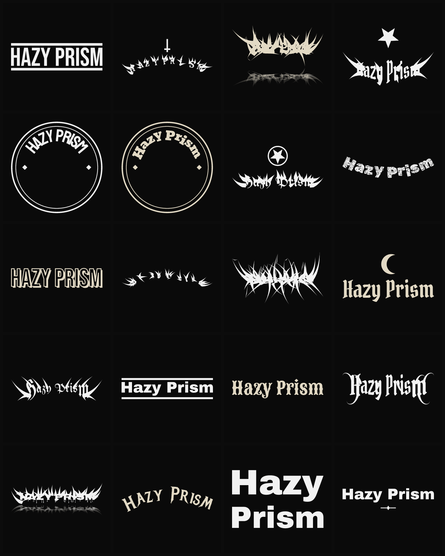 Twenty Hazy Prism band logo ideas — different faces, treatments and spike settings