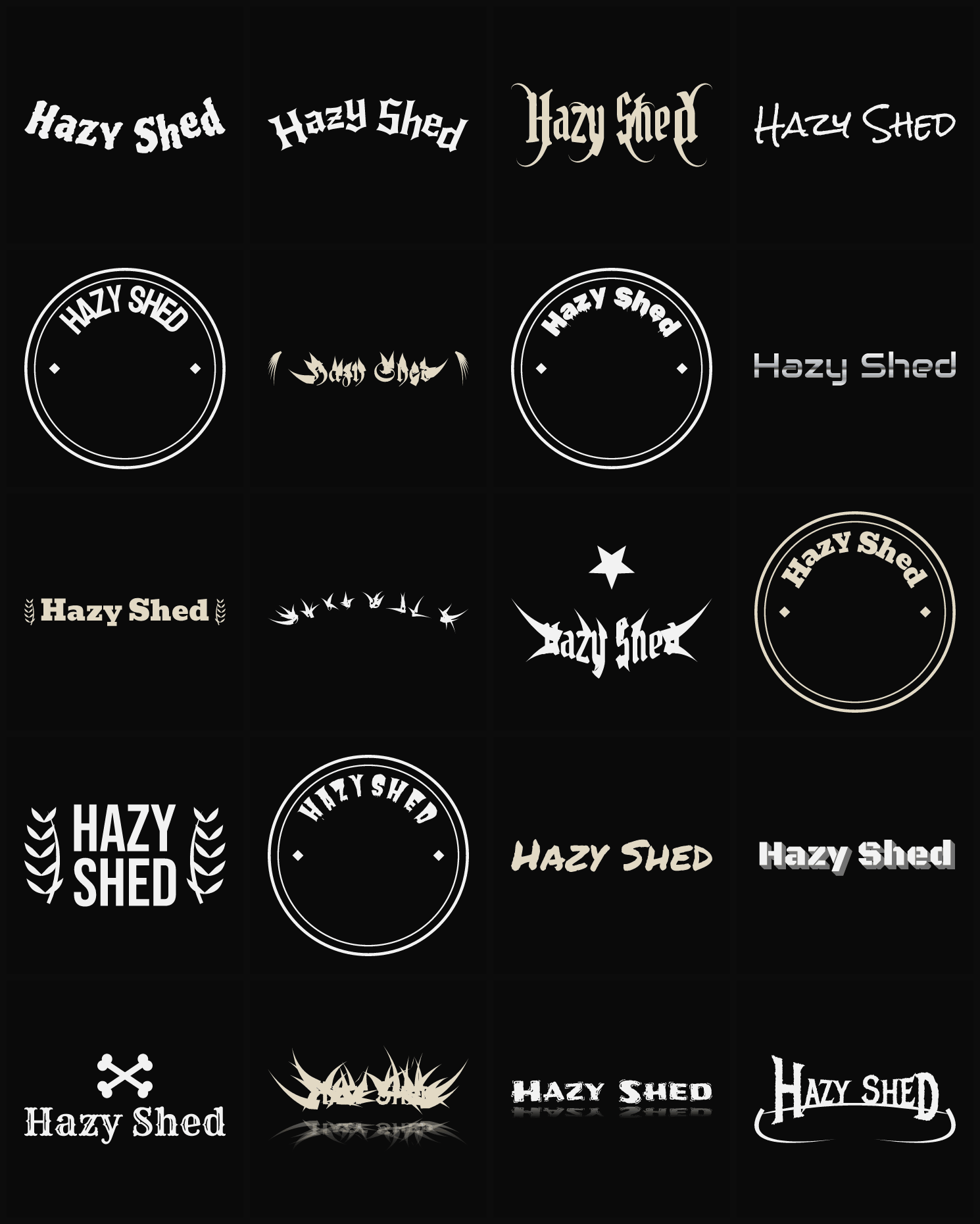 Twenty Hazy Shed band logo ideas — different faces, treatments and spike settings