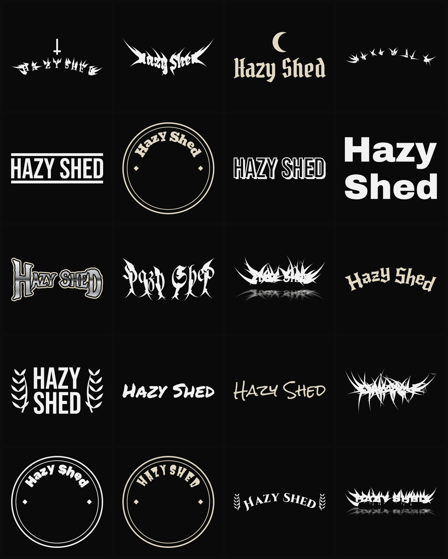 Twenty Hazy Shed band logo ideas — different faces, treatments and spike settings