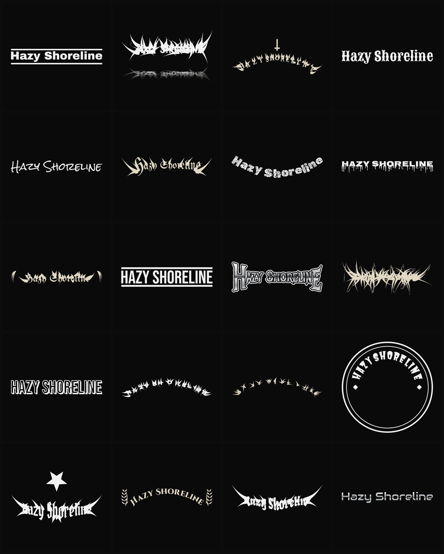 Twenty Hazy Shoreline band logo ideas — different faces, treatments and spike settings