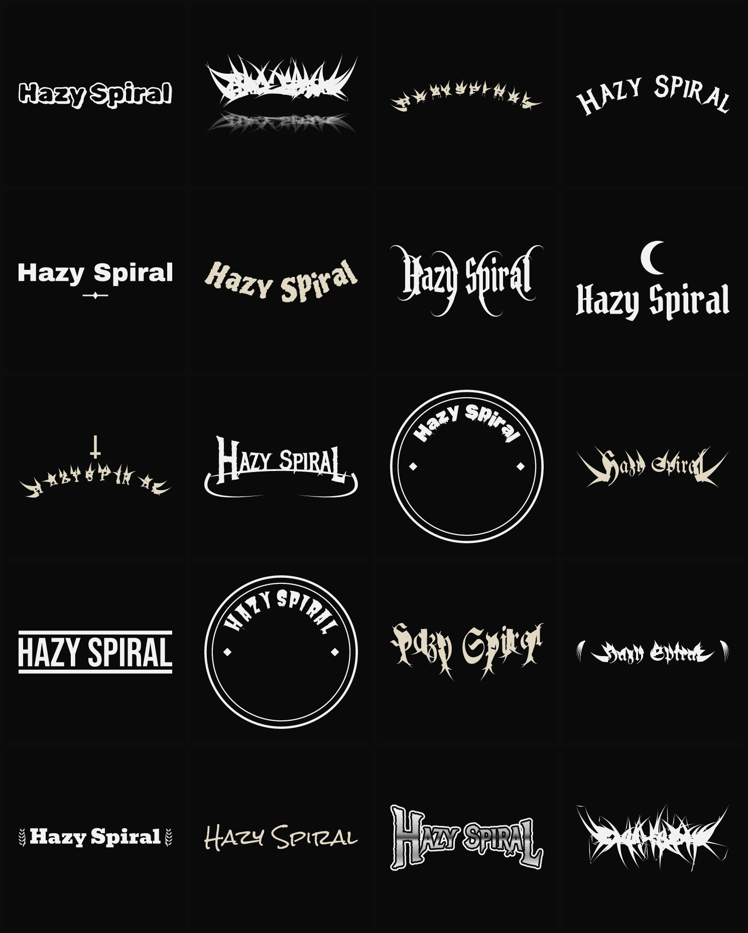 Twenty Hazy Spiral band logo ideas — different faces, treatments and spike settings