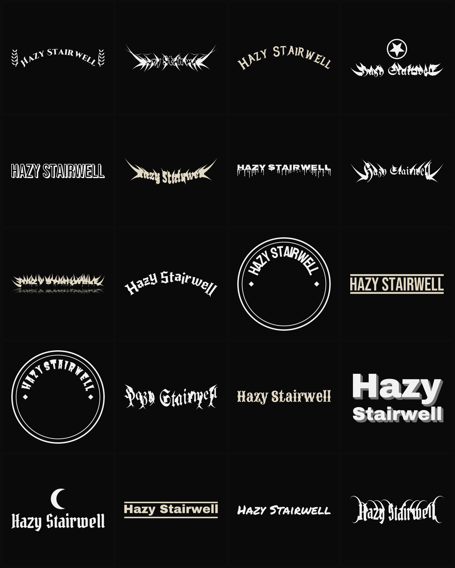 Twenty Hazy Stairwell band logo ideas — different faces, treatments and spike settings