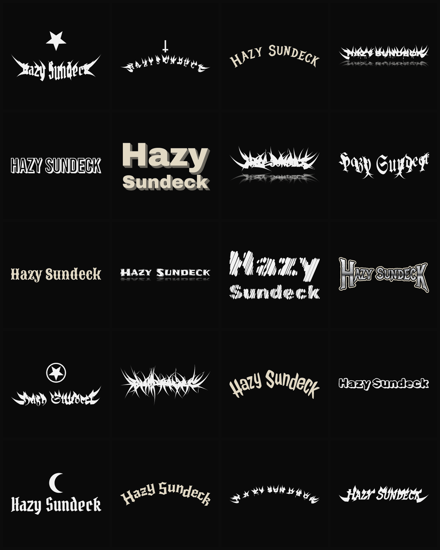 Twenty Hazy Sundeck band logo ideas — different faces, treatments and spike settings