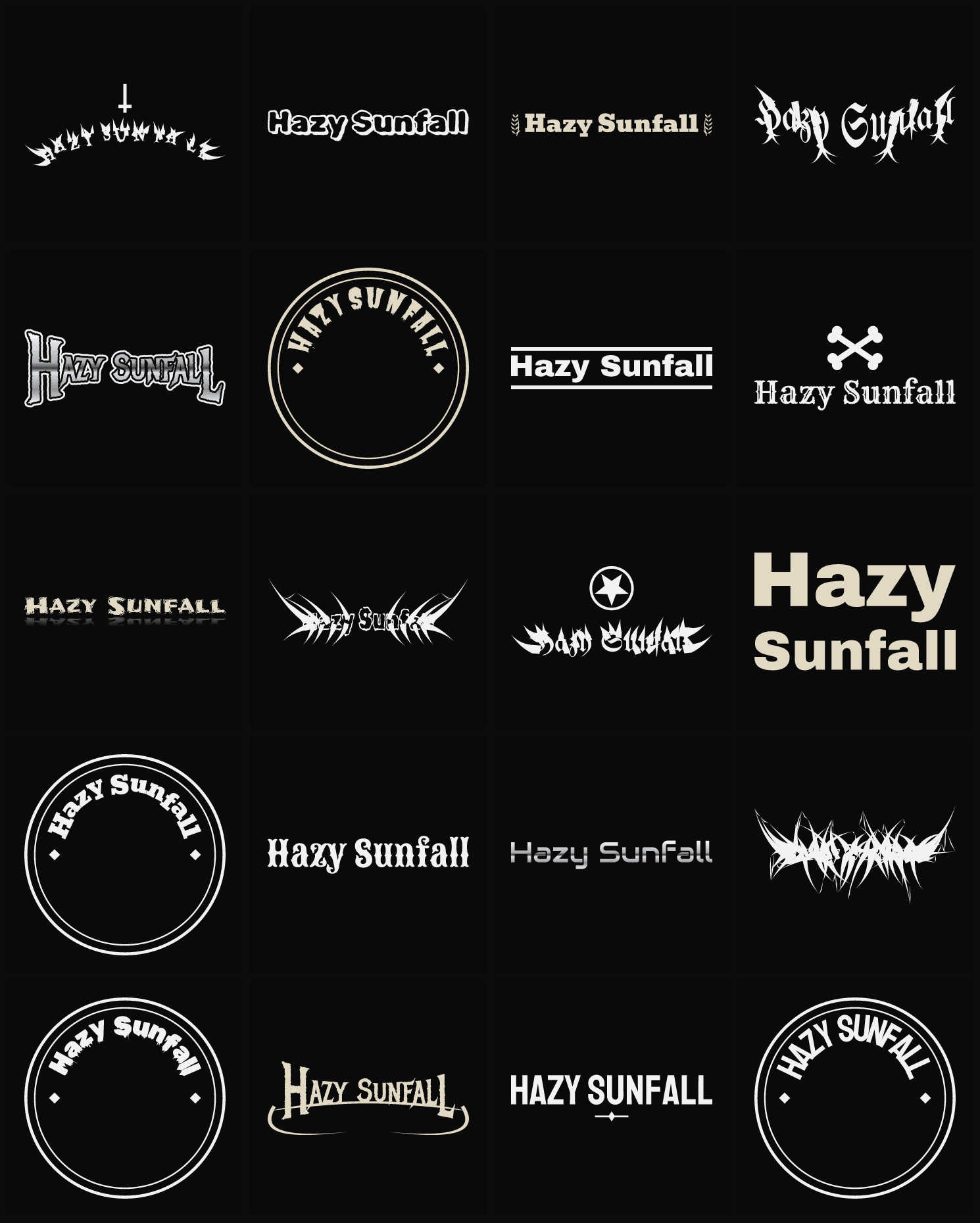 Twenty Hazy Sunfall band logo ideas — different faces, treatments and spike settings