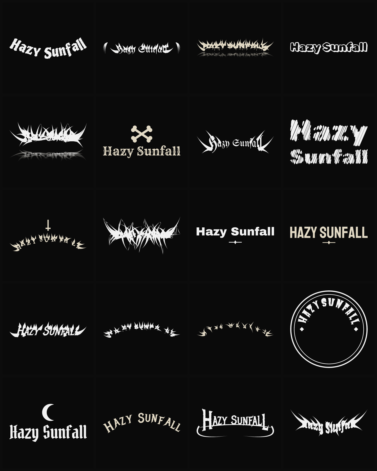 Twenty Hazy Sunfall band logo ideas — different faces, treatments and spike settings