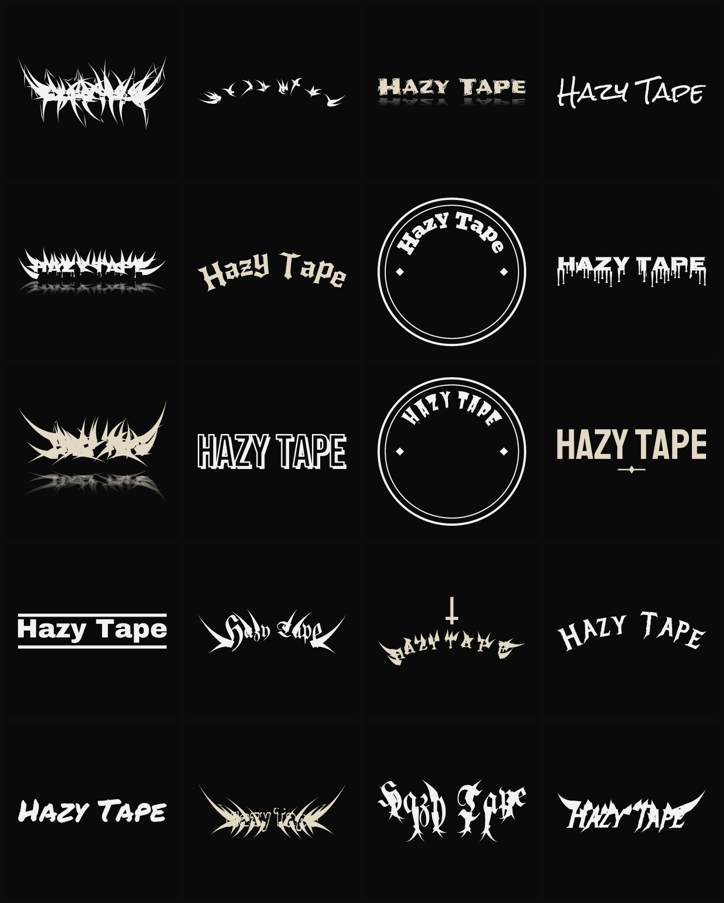 Twenty Hazy Tape band logo ideas — different faces, treatments and spike settings