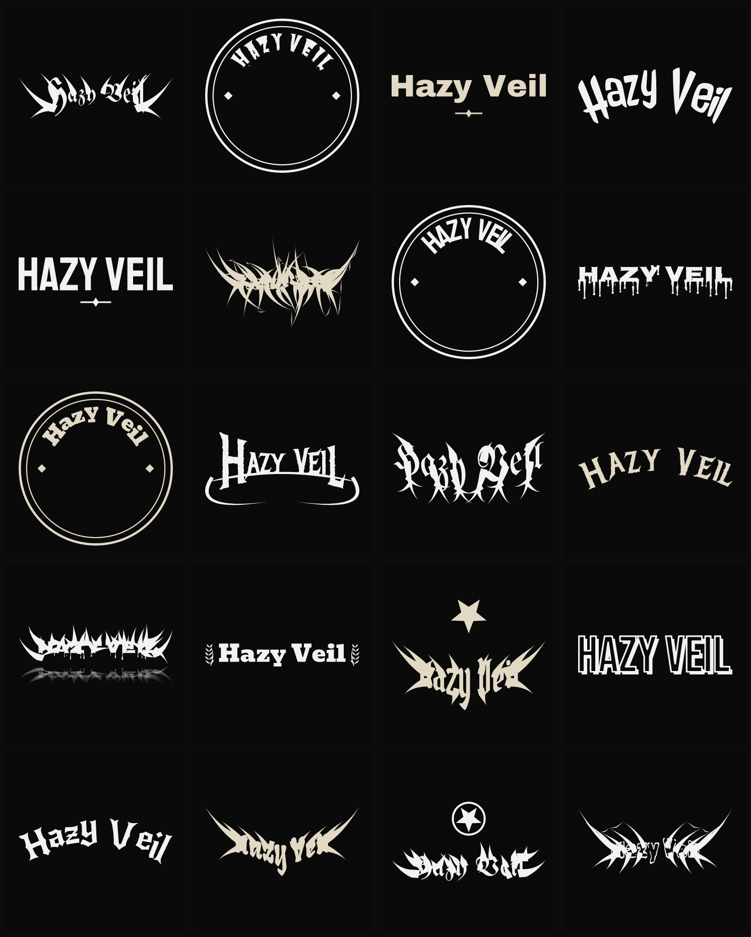 Twenty Hazy Veil band logo ideas — different faces, treatments and spike settings