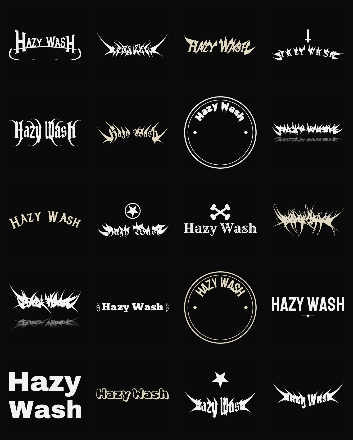 Twenty Hazy Wash band logo ideas — different faces, treatments and spike settings