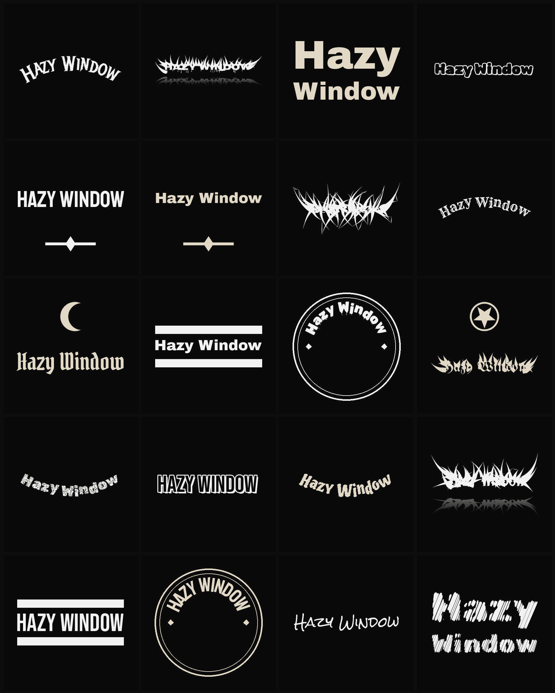 Twenty Hazy Window band logo ideas — different faces, treatments and spike settings