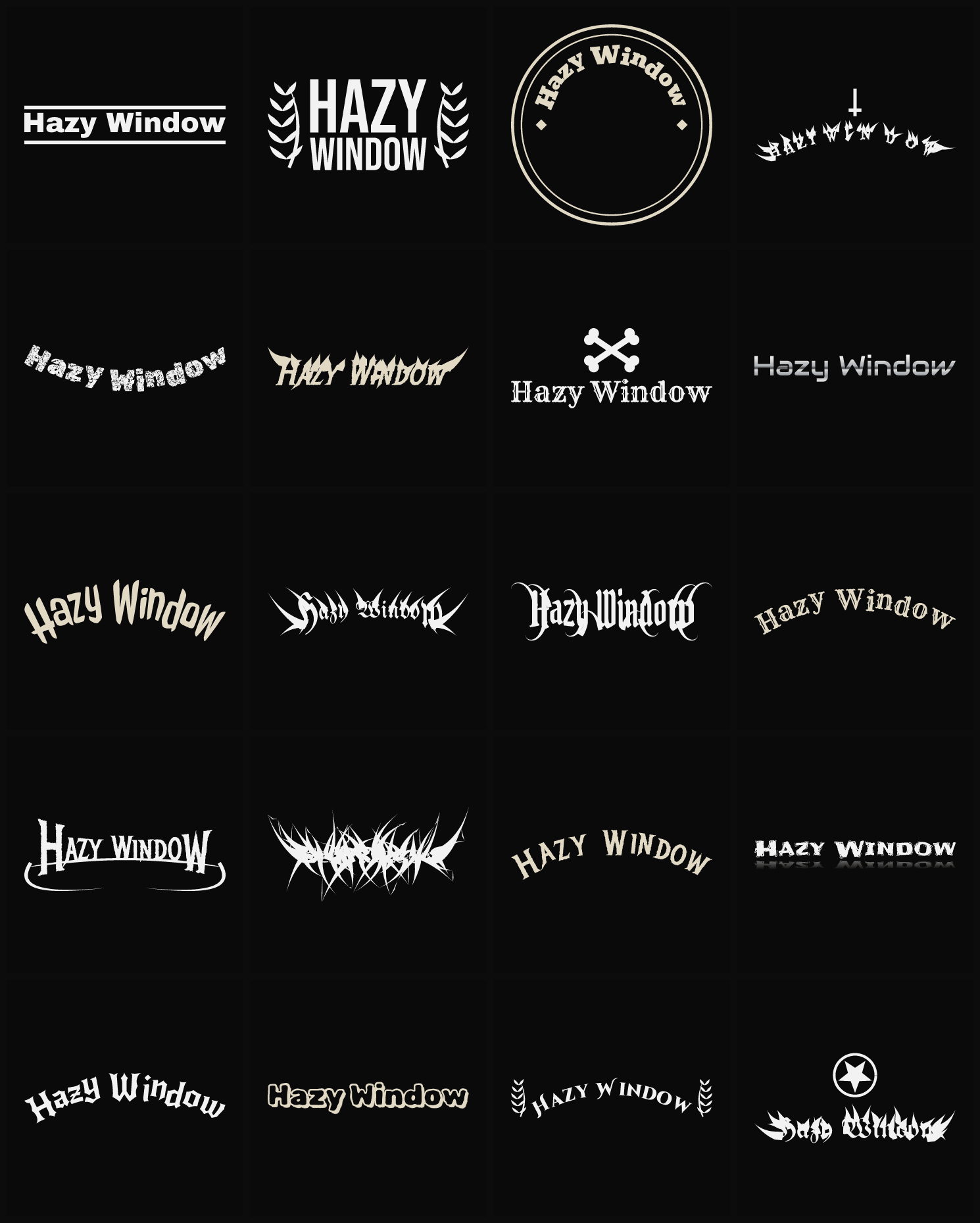 Twenty Hazy Window band logo ideas — different faces, treatments and spike settings