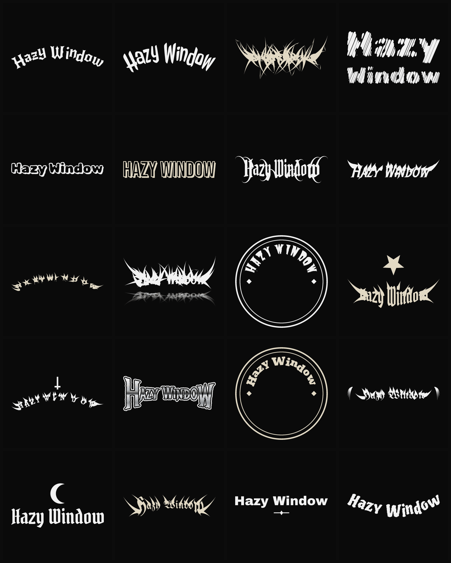 Twenty Hazy Window band logo ideas — different faces, treatments and spike settings