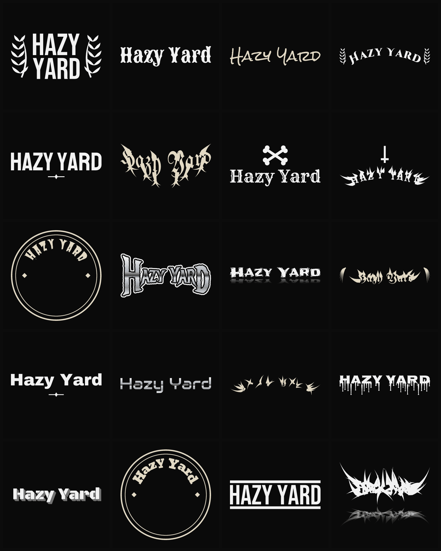 Twenty Hazy Yard band logo ideas — different faces, treatments and spike settings