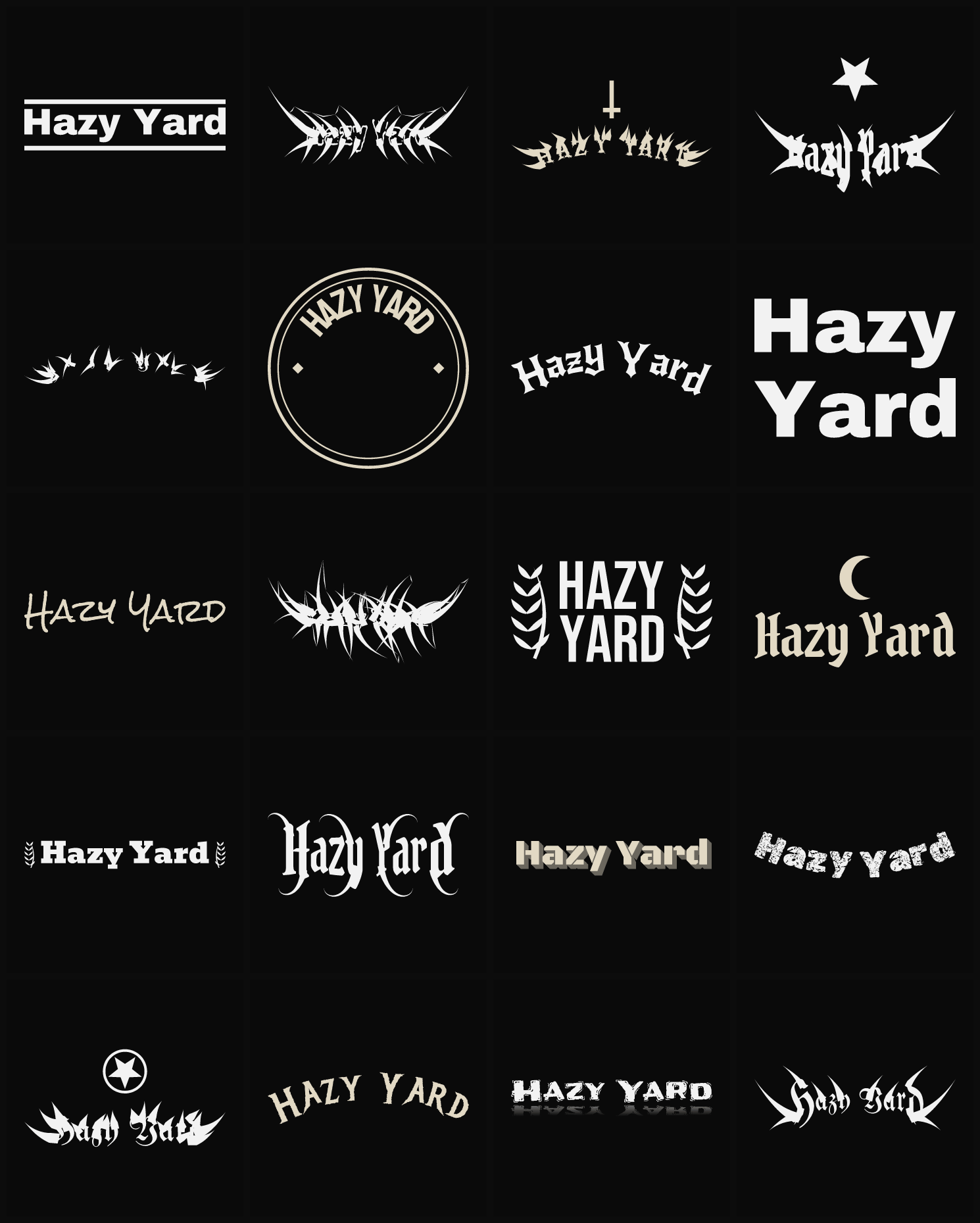 Twenty Hazy Yard band logo ideas — different faces, treatments and spike settings