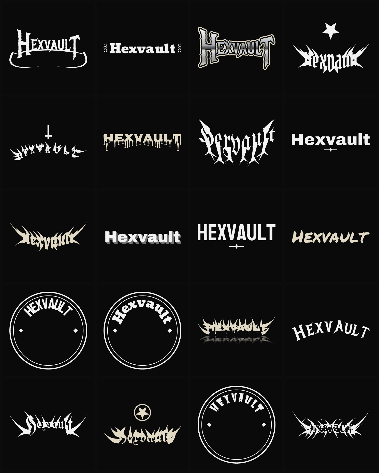 Twenty Hexvault band logo ideas — different faces, treatments and spike settings