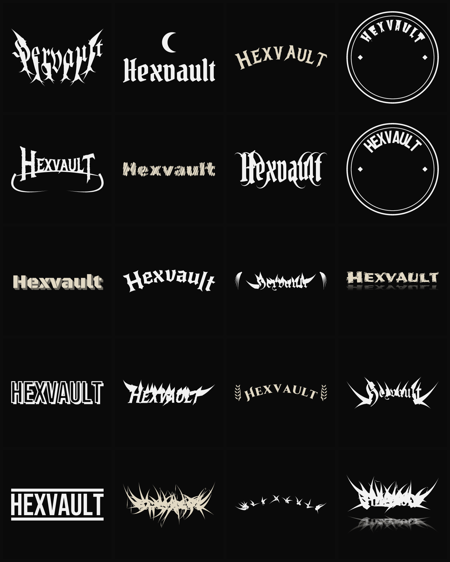Twenty Hexvault band logo ideas — different faces, treatments and spike settings