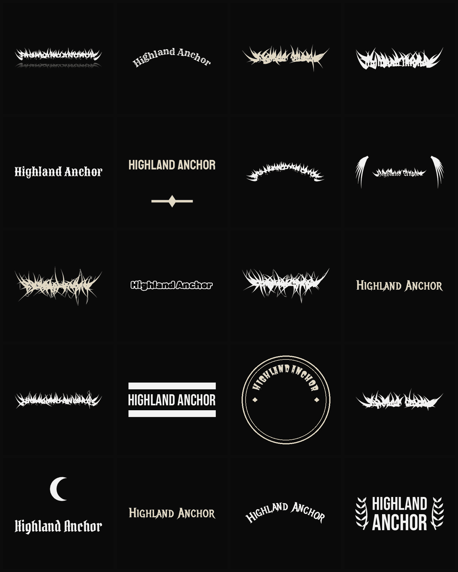 Twenty Highland Anchor band logo ideas — different faces, treatments and spike settings