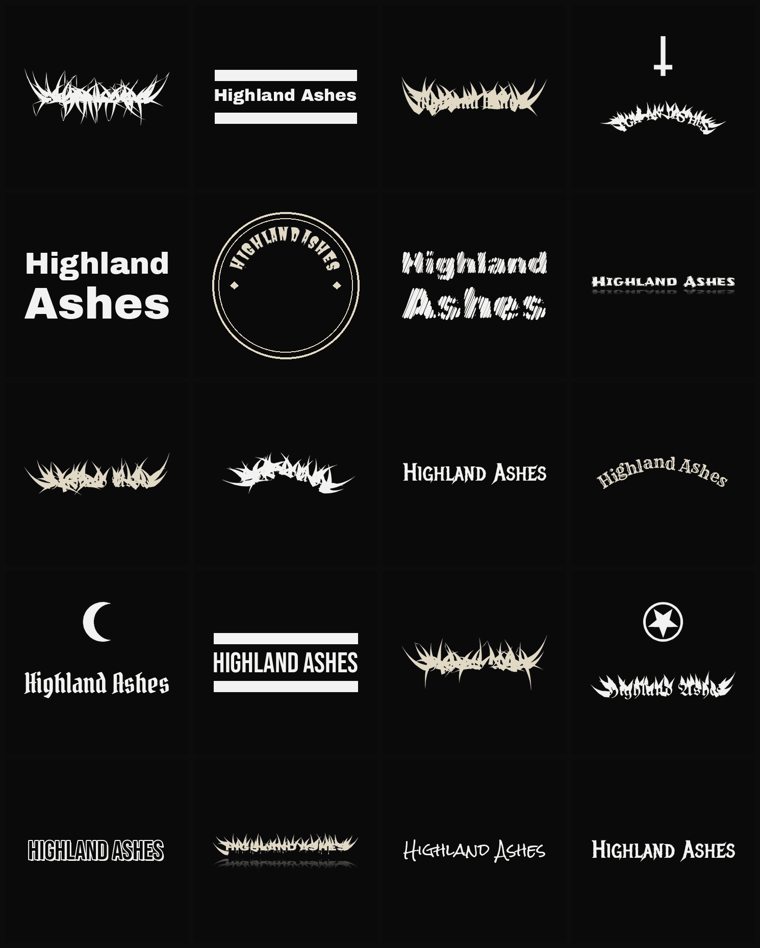Twenty Highland Ashes band logo ideas — different faces, treatments and spike settings