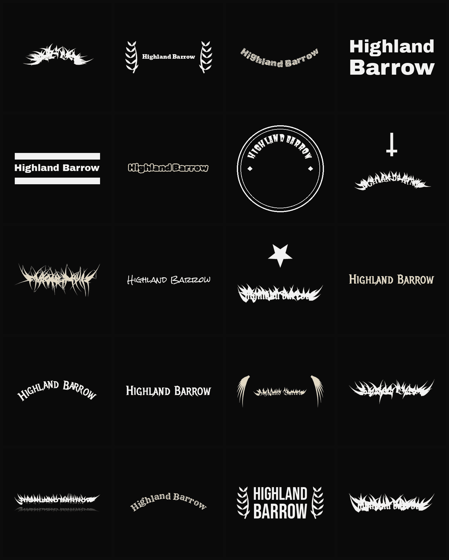 Twenty Highland Barrow band logo ideas — different faces, treatments and spike settings