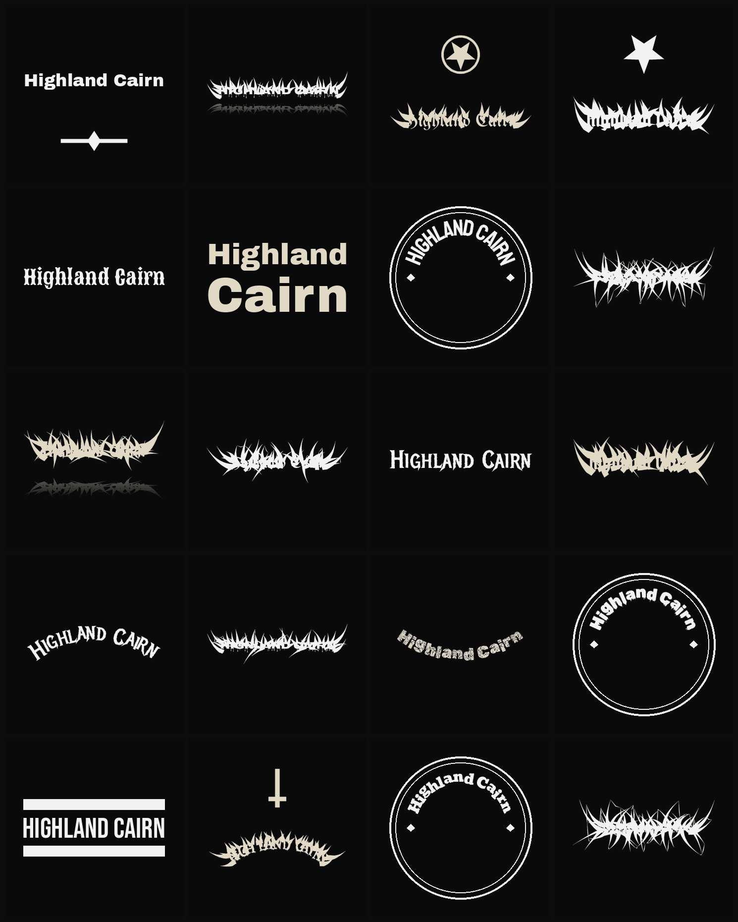 Twenty Highland Cairn band logo ideas — different faces, treatments and spike settings