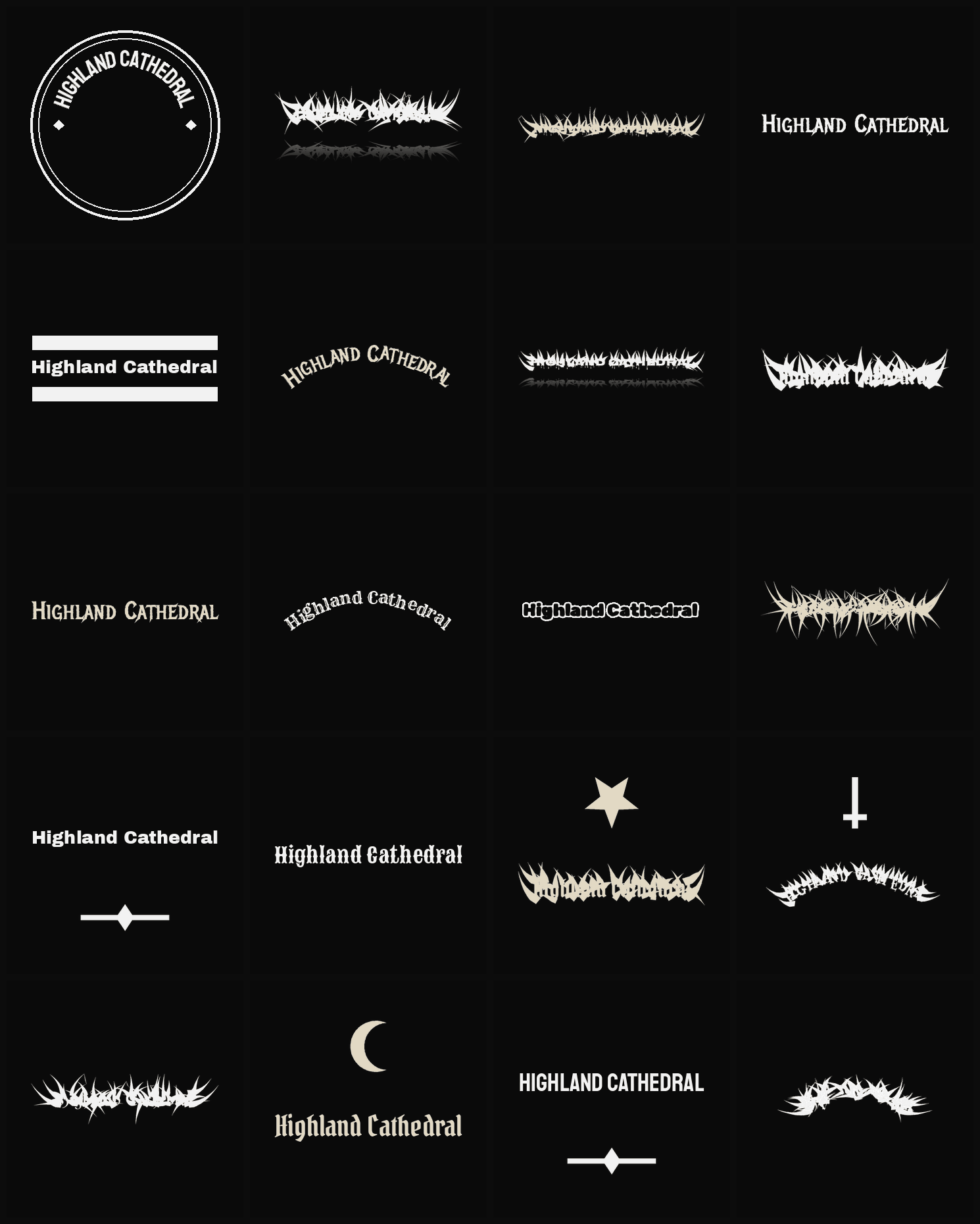 Twenty Highland Cathedral band logo ideas — different faces, treatments and spike settings