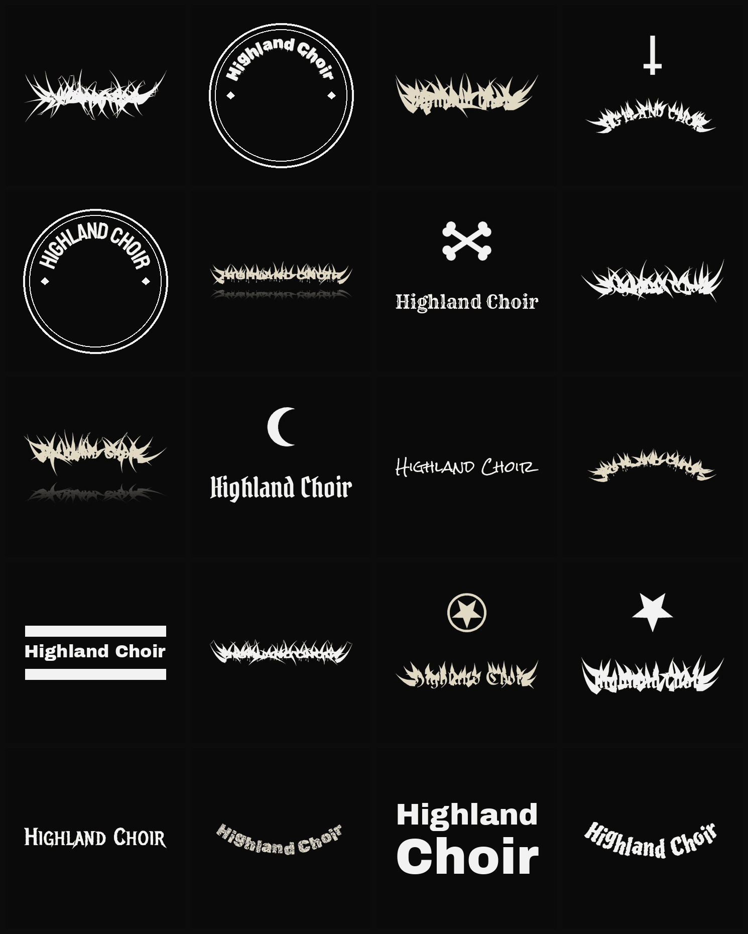 Twenty Highland Choir band logo ideas — different faces, treatments and spike settings