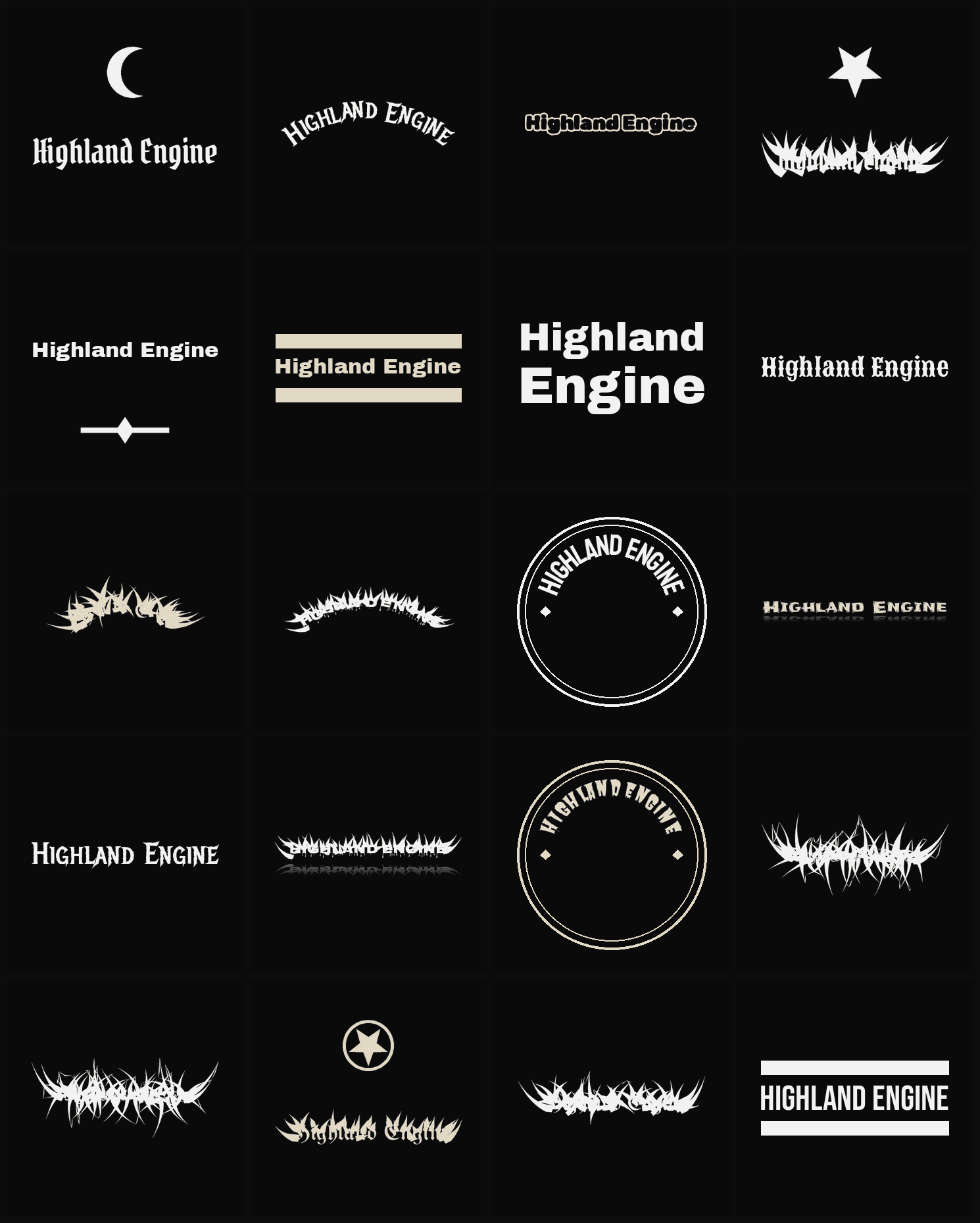 Twenty Highland Engine band logo ideas — different faces, treatments and spike settings