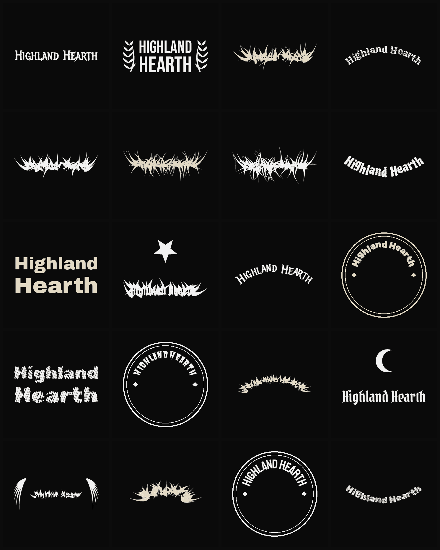 Twenty Highland Hearth band logo ideas — different faces, treatments and spike settings