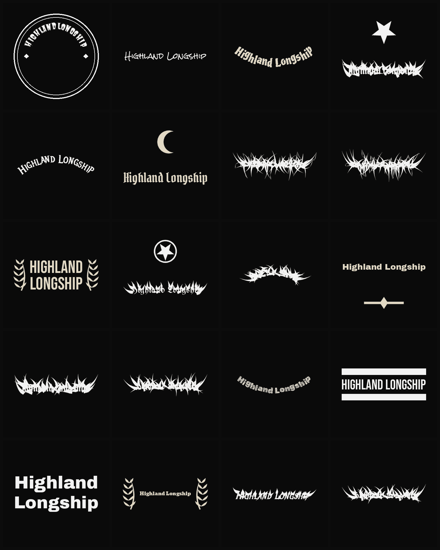 Twenty Highland Longship band logo ideas — different faces, treatments and spike settings
