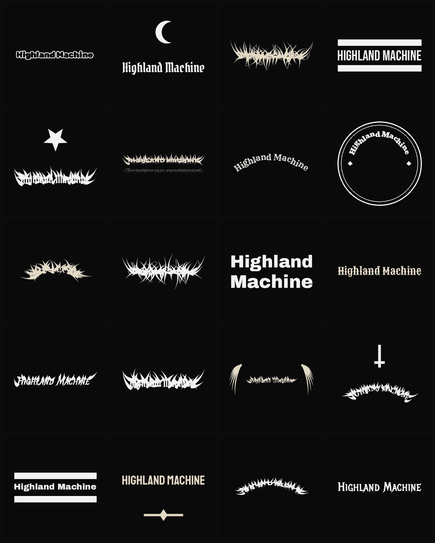 Twenty Highland Machine band logo ideas — different faces, treatments and spike settings