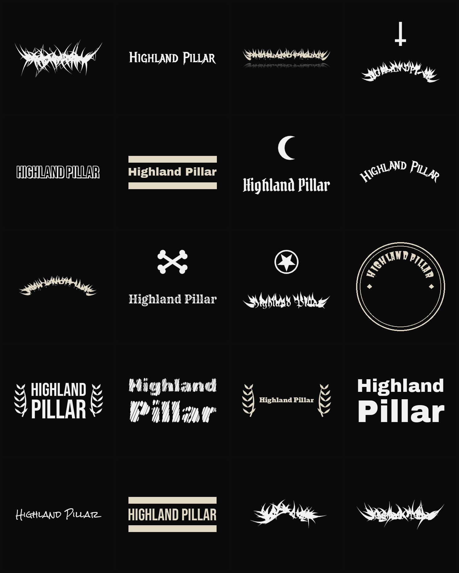 Twenty Highland Pillar band logo ideas — different faces, treatments and spike settings