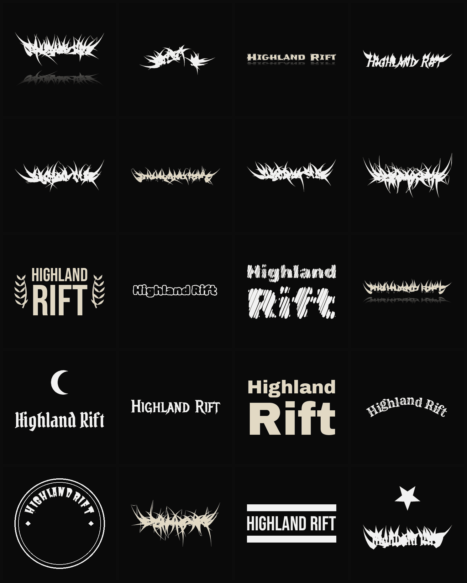 Twenty Highland Rift band logo ideas — different faces, treatments and spike settings