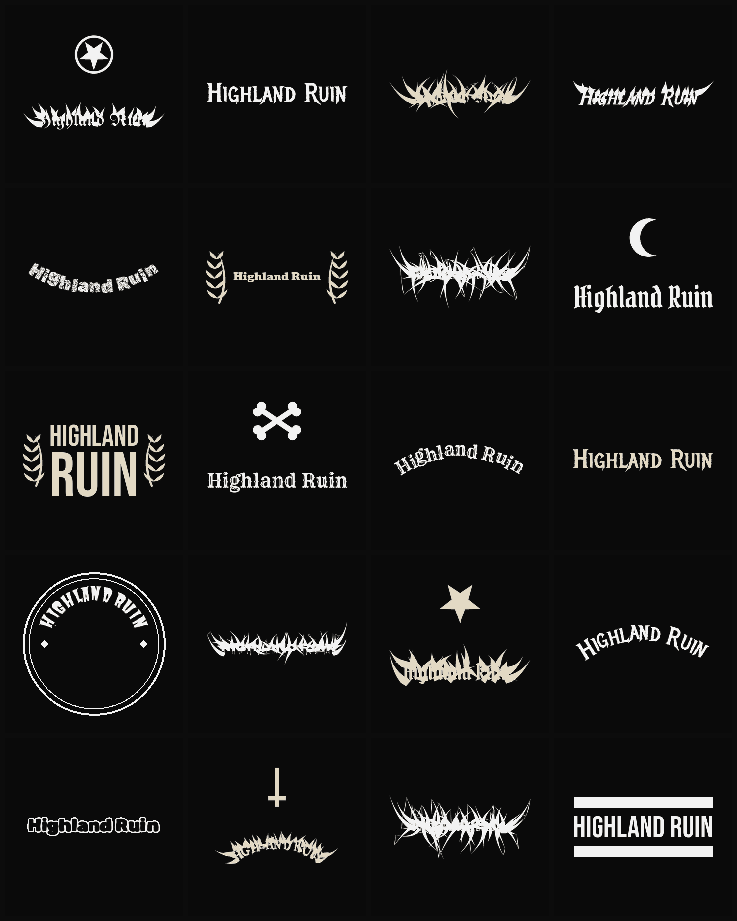 Twenty Highland Ruin band logo ideas — different faces, treatments and spike settings