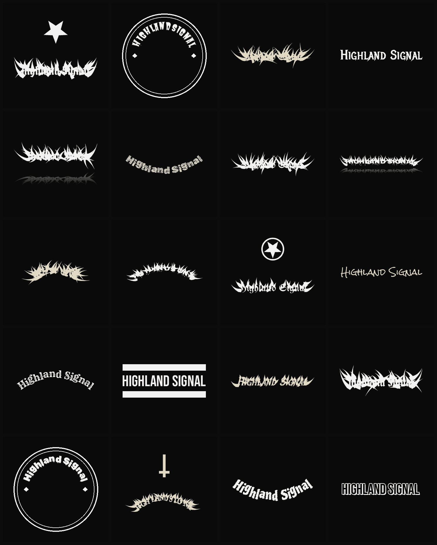 Twenty Highland Signal band logo ideas — different faces, treatments and spike settings