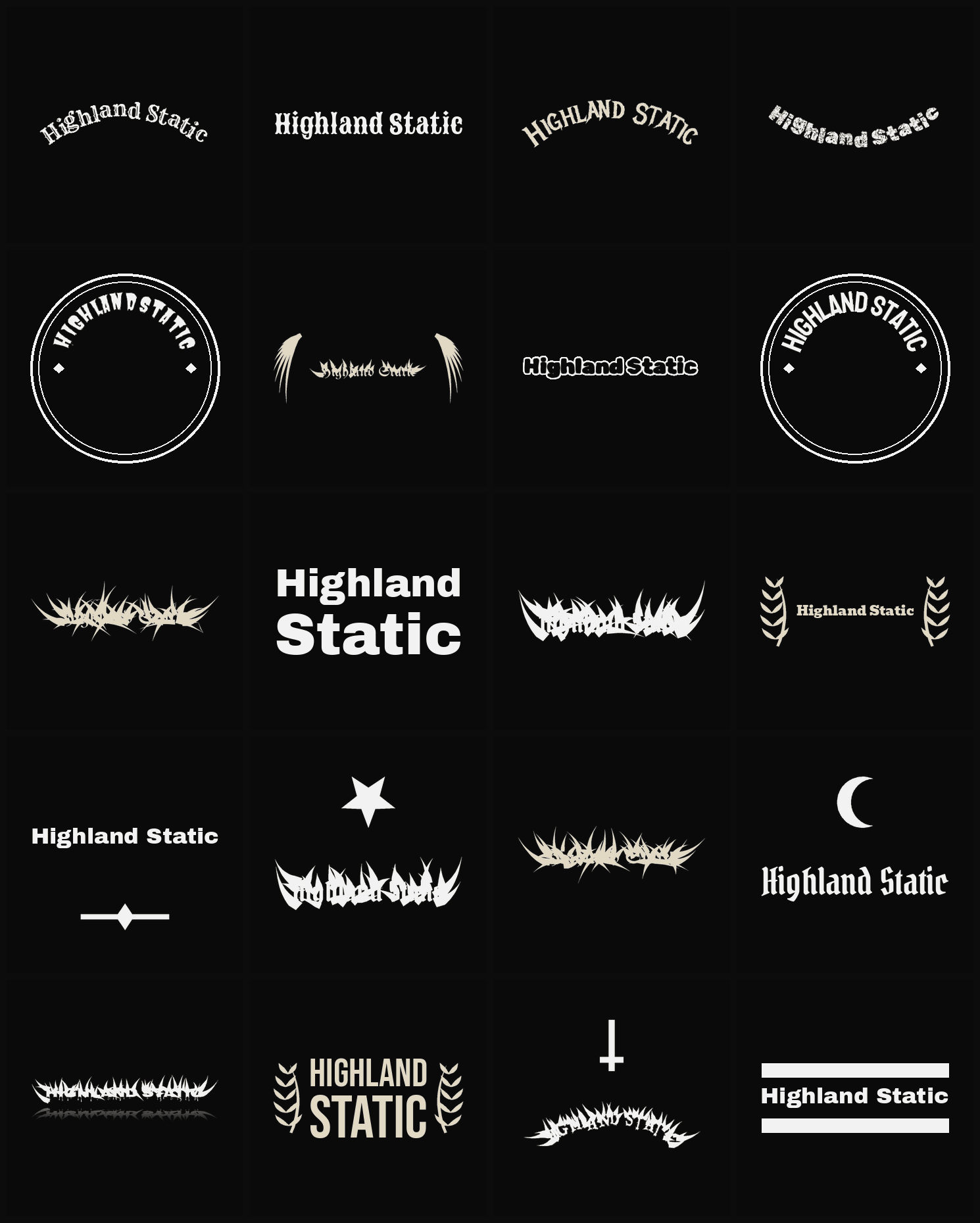 Twenty Highland Static band logo ideas — different faces, treatments and spike settings