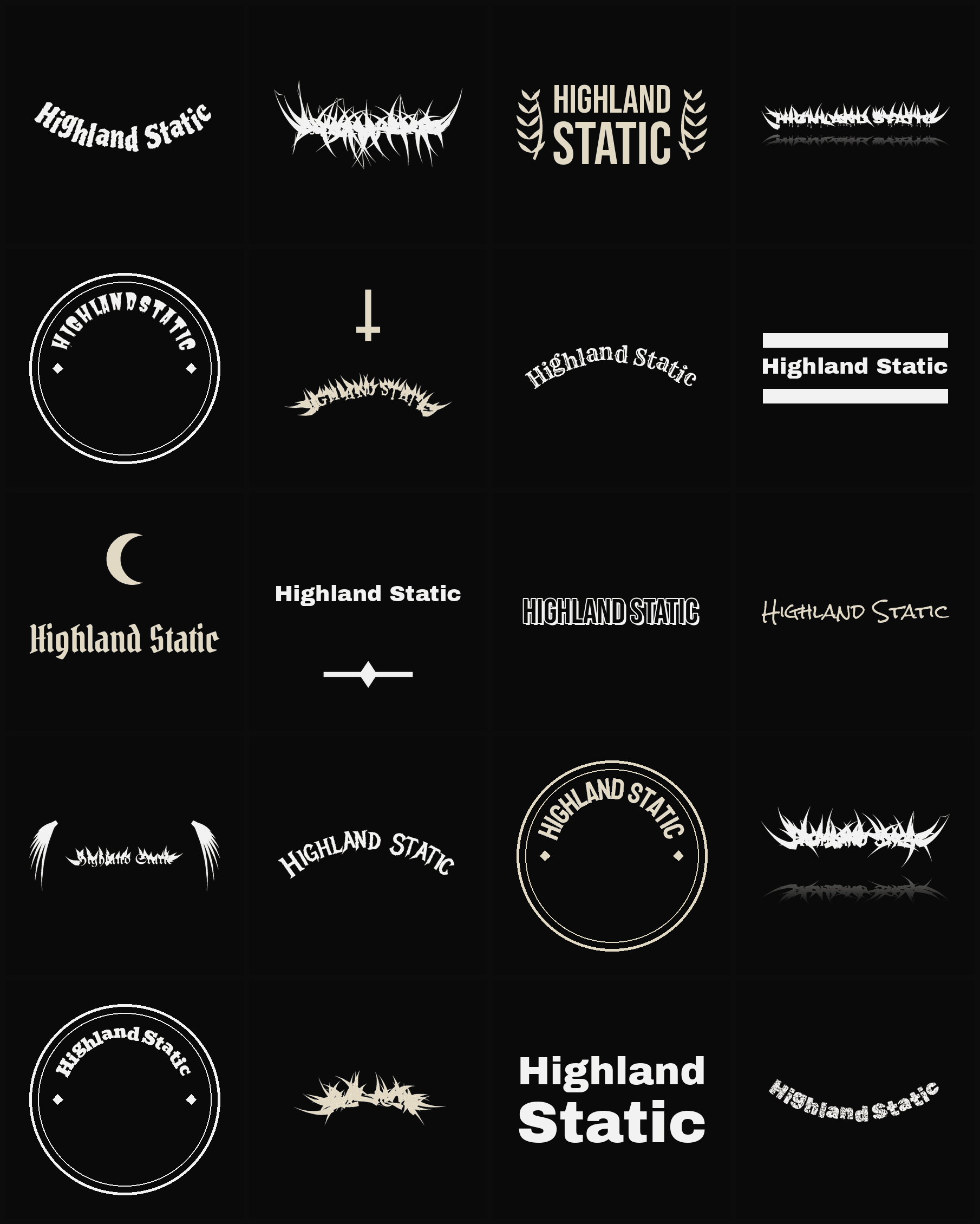 Twenty Highland Static band logo ideas — different faces, treatments and spike settings