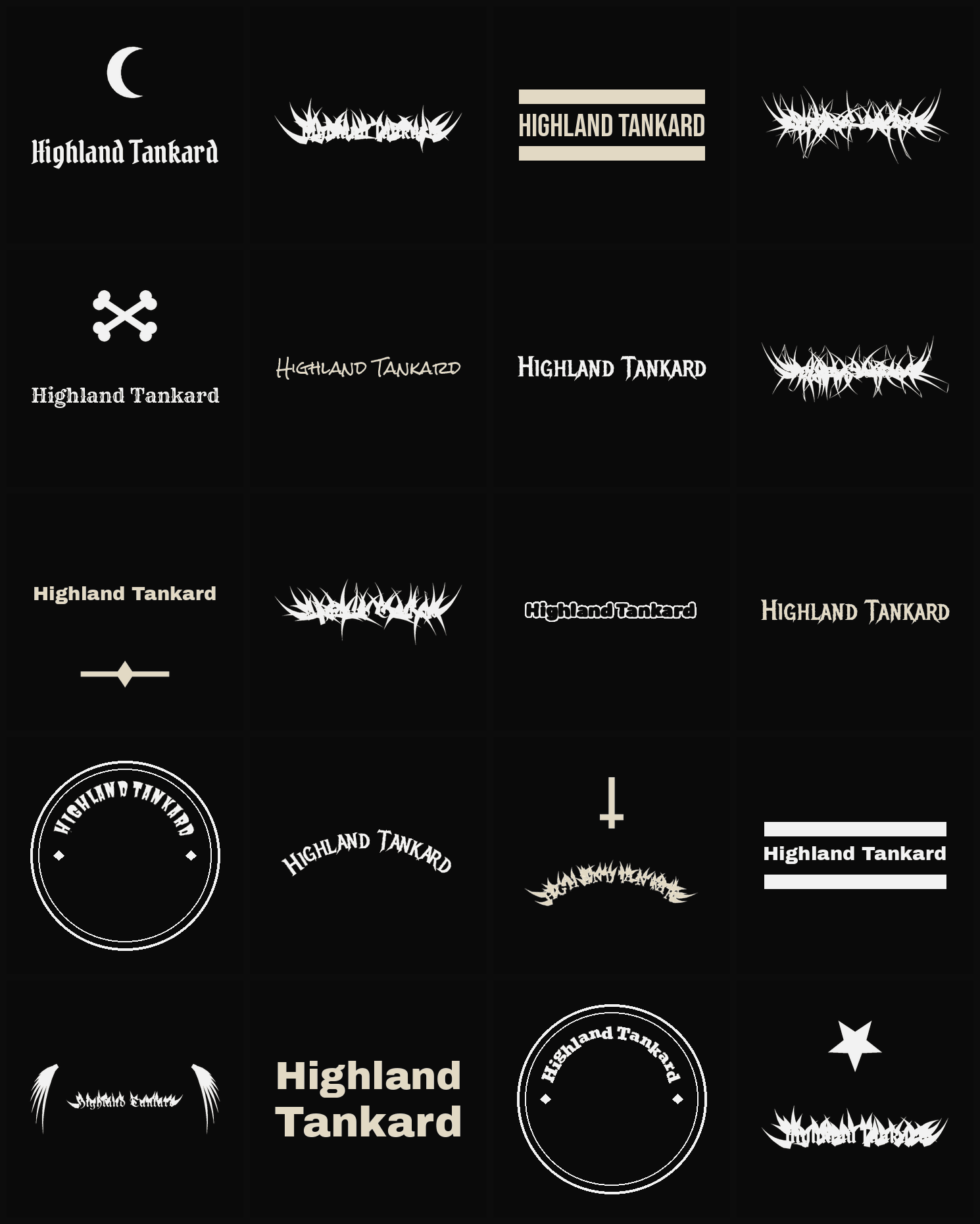 Twenty Highland Tankard band logo ideas — different faces, treatments and spike settings