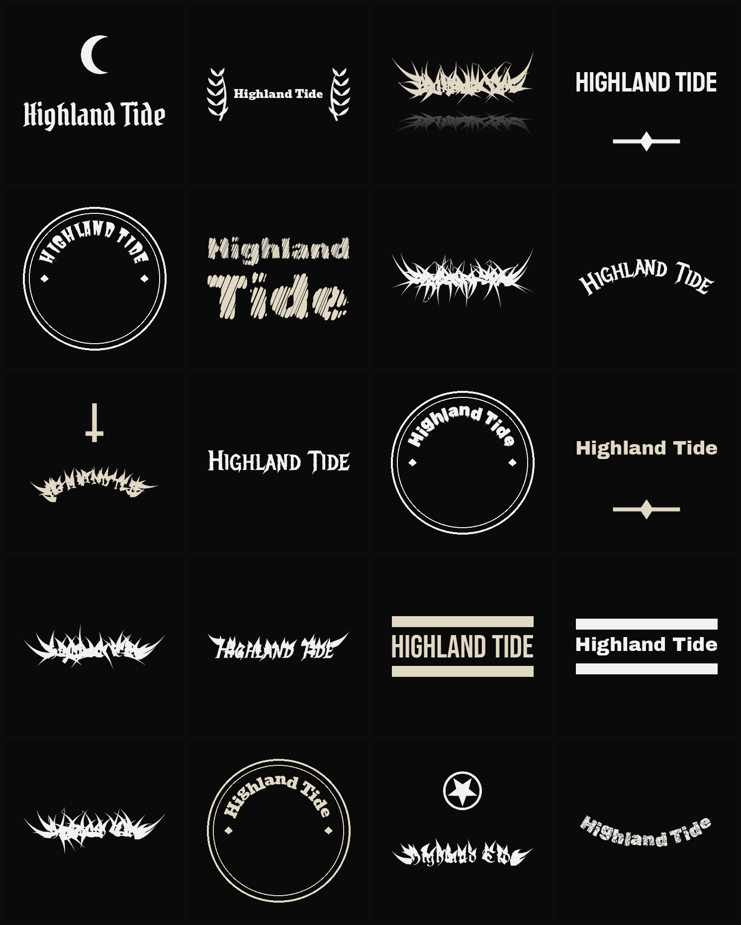 Twenty Highland Tide band logo ideas — different faces, treatments and spike settings