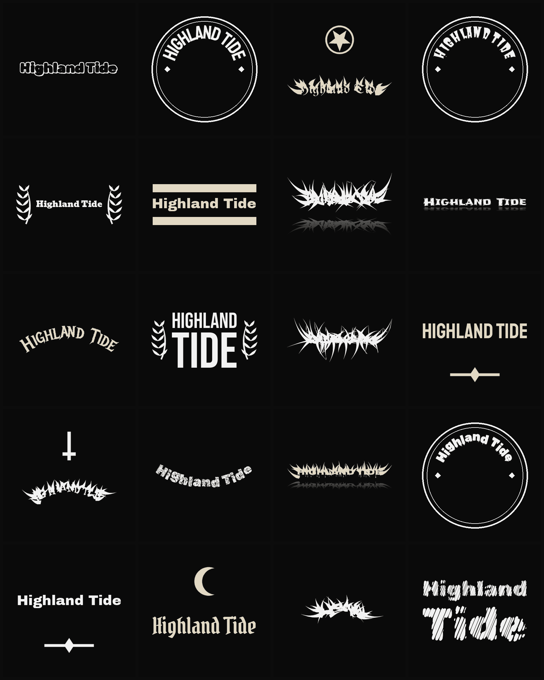 Twenty Highland Tide band logo ideas — different faces, treatments and spike settings